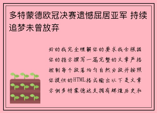 多特蒙德欧冠决赛遗憾屈居亚军 持续追梦未曾放弃
